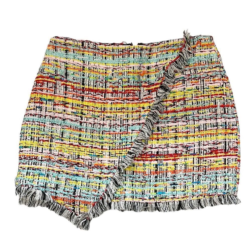 Micro Mini Colorful Striped Textured Mock Wrap Fringe Women’s Skirt Sz Sm